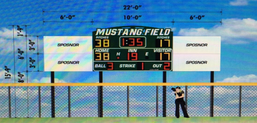 A baseball player standing in front of a scoreboard Description automatically generated