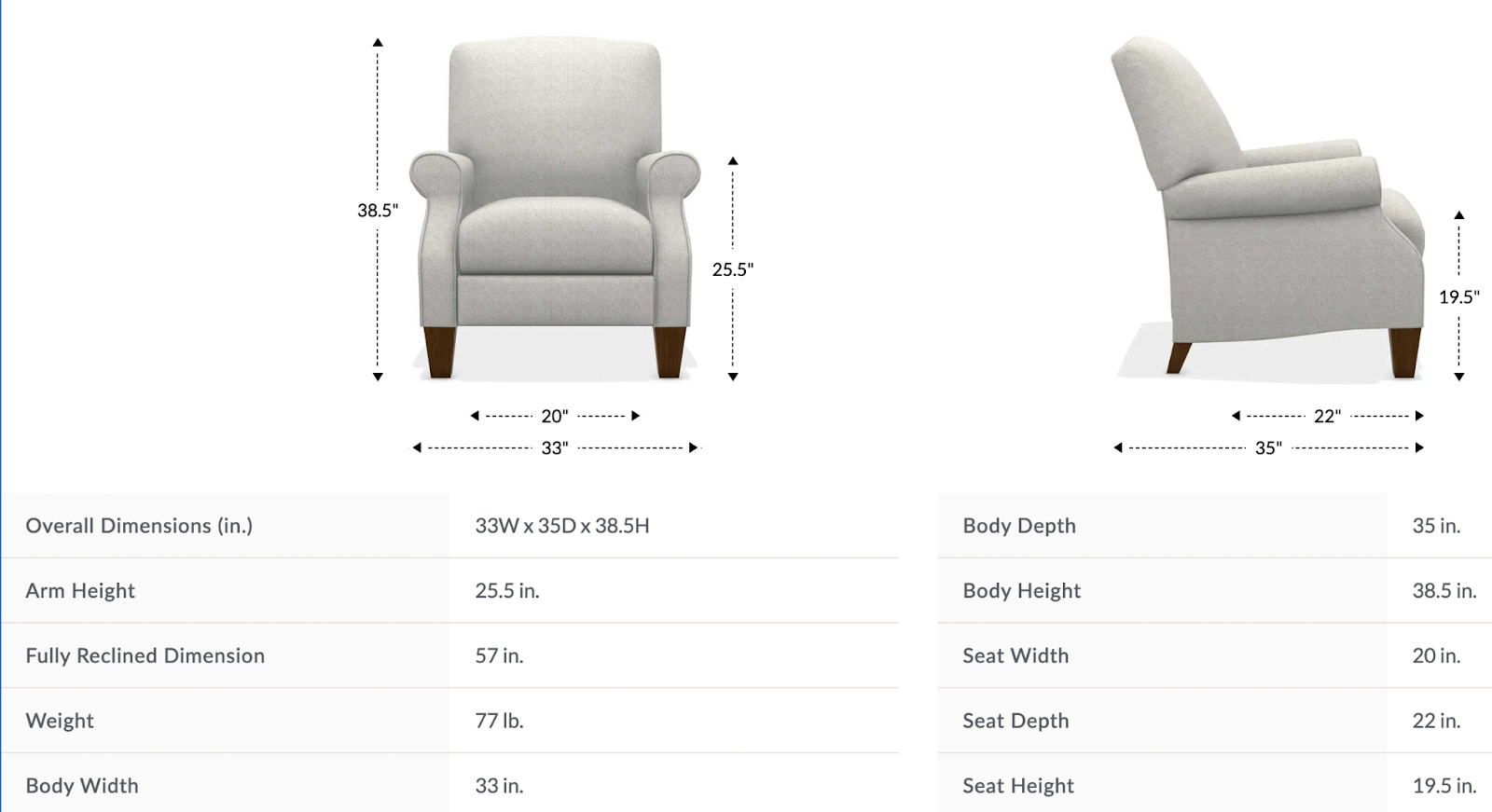 charlotte high leg reclining chair dimensions