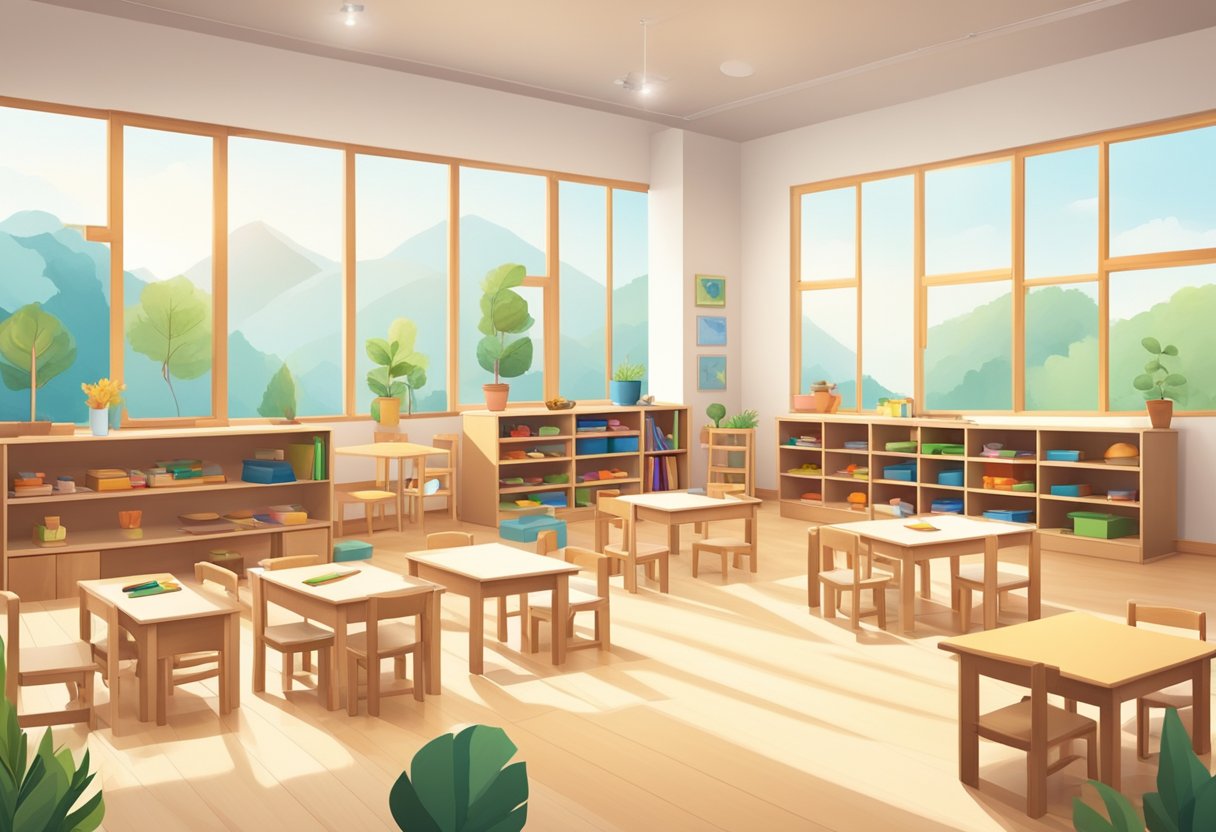 A bright, spacious Montessori classroom with child-sized furniture, natural materials, hands-on learning materials, and a peaceful, orderly atmosphere