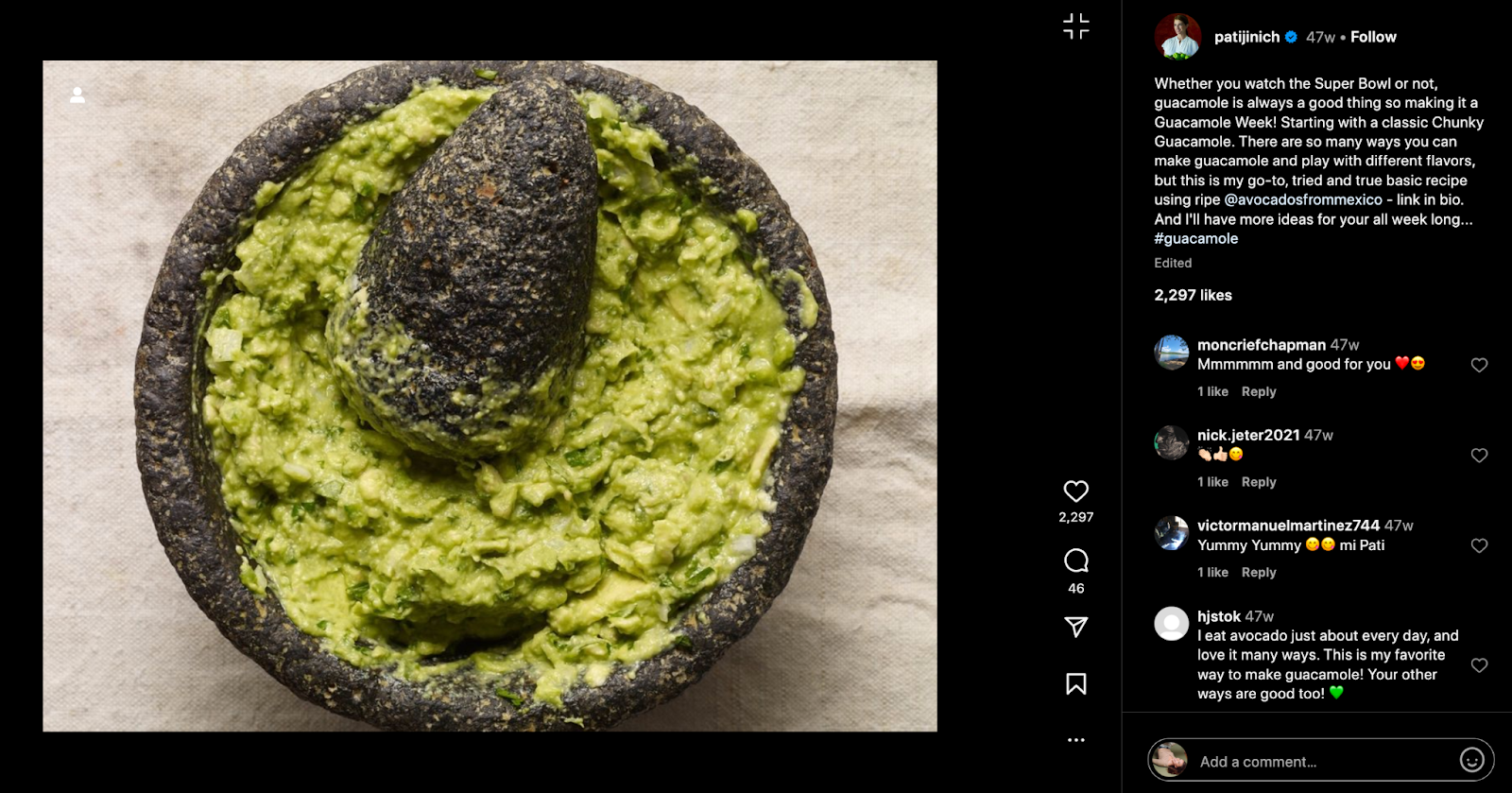 Screenshot of Instagram post featuring chunky guacamole