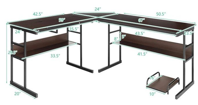 Tankula L-shaped art desk - dimensions