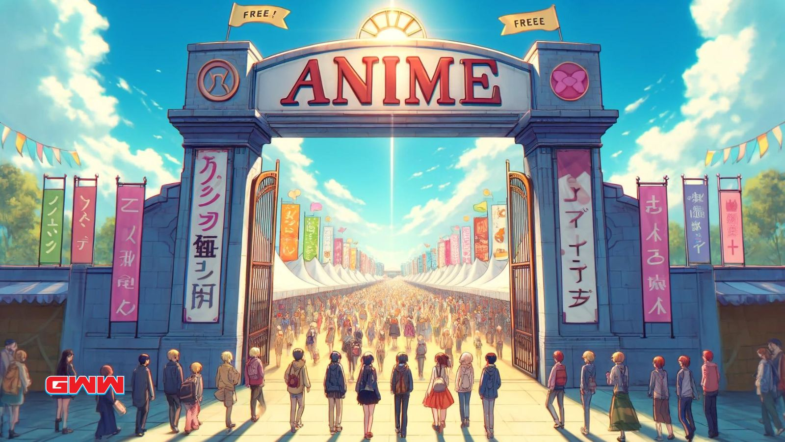 Anime festival entrance with "FREE" signs and visitors