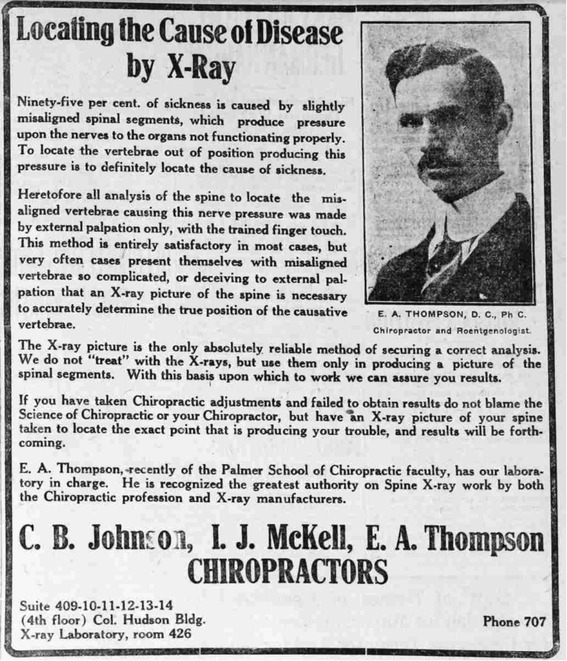 After BJ Palmer introduced x-rays to the chiropractic profession, the idea of chiropractic care, along with using x-ray imaging to show subluxations, took the world by storm. Pictured above is an advertisement in the Ogden Standard, 1917.