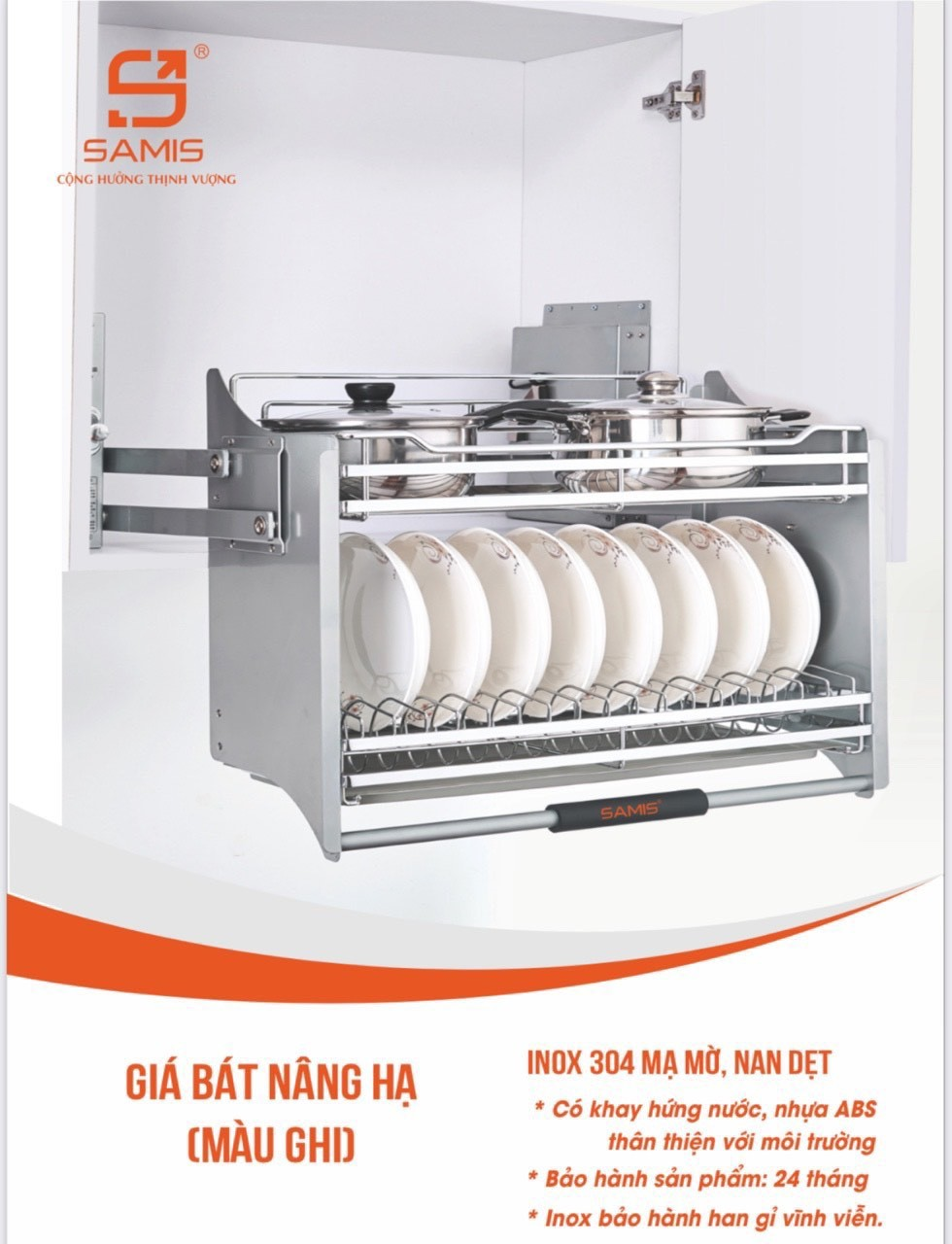 Giá bát nâng hạ inox 304 mạ mờ, nan dẹt