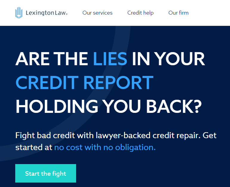 A screenshot from Lexington Law's home page asking if lies in your credit report are holding you back and offering to fight your bad credit with lawyer-backed credit repair.