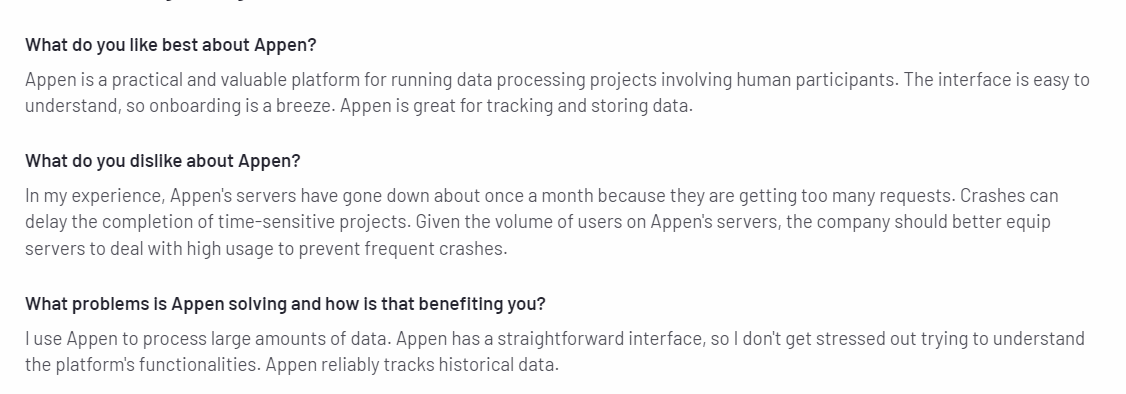 Положительные и отрицательные отзывы Appen о простоте использования и проблемах с сервером, касающихся служб сбора данных изображений от G2.