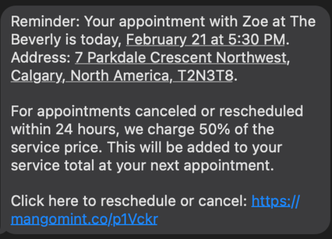 Appointment reminder SMS Example with cancellation policy