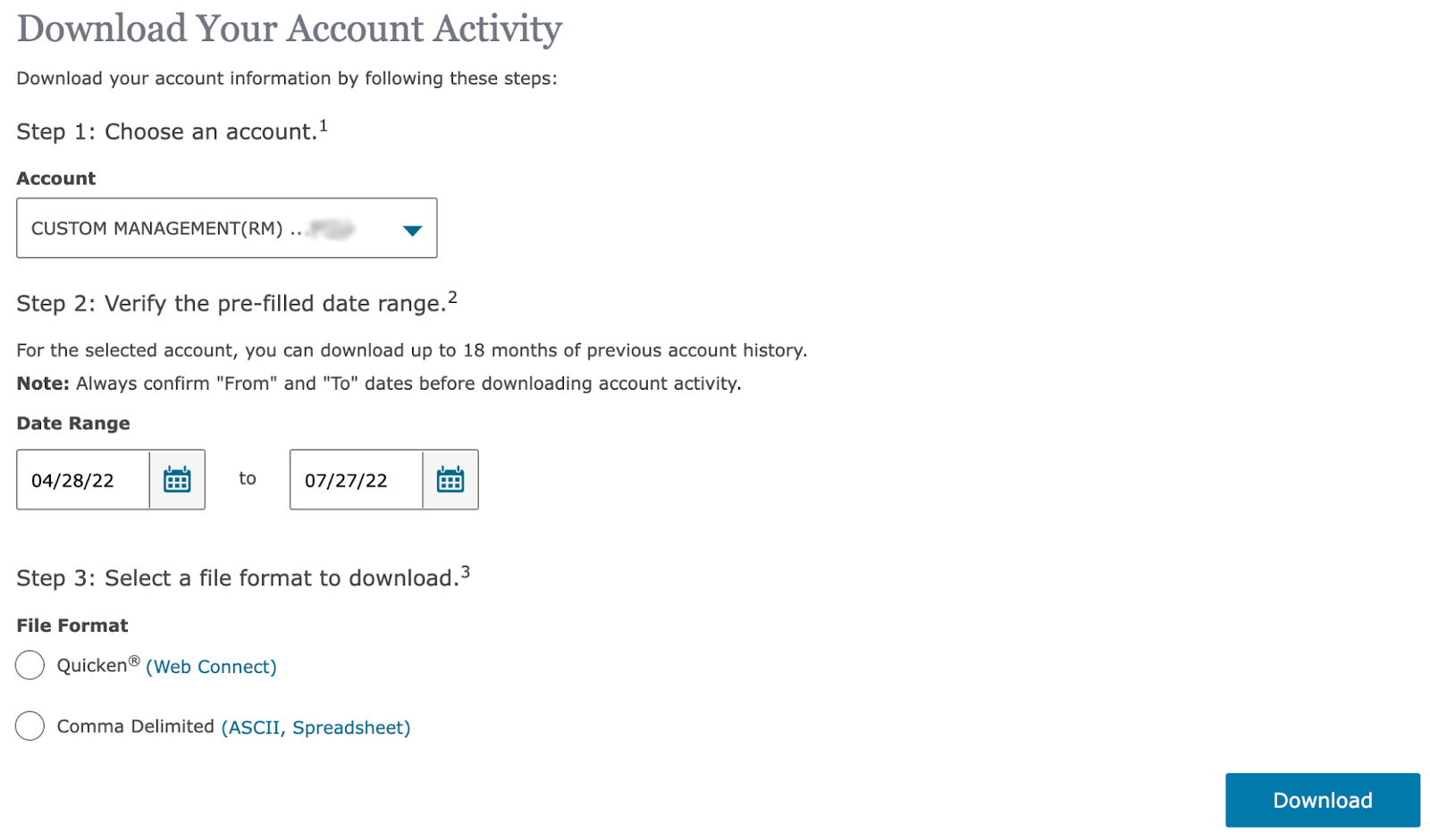Download account activity page for Wells Fargo
