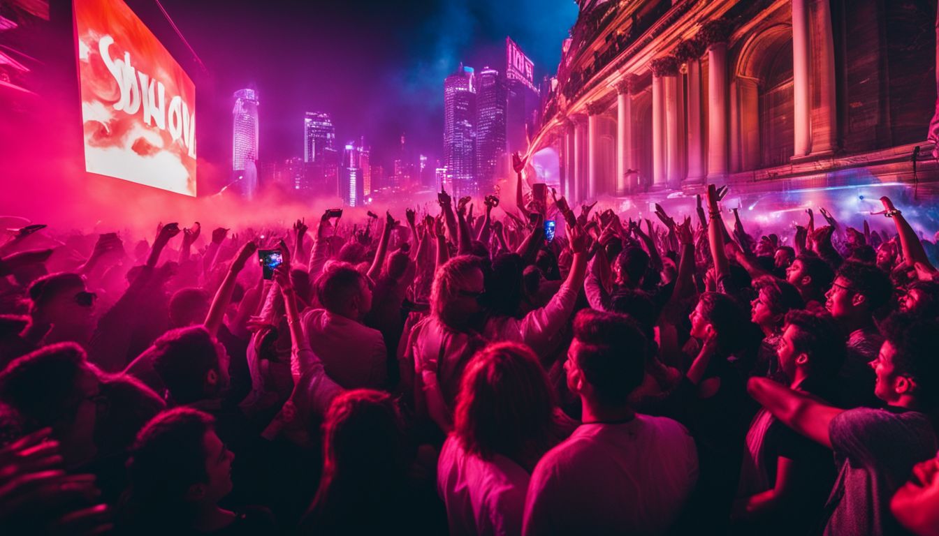 A lively concert crowd cheers and enjoys the neon-lit atmosphere.