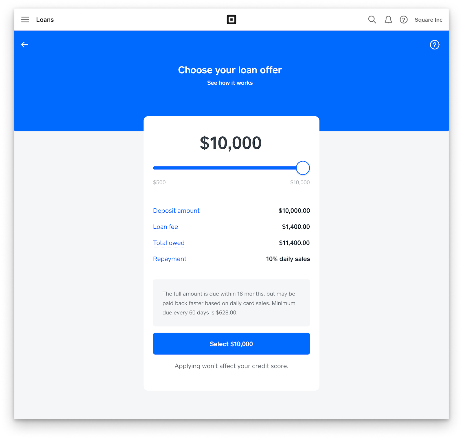 How much loan can I get from Square?