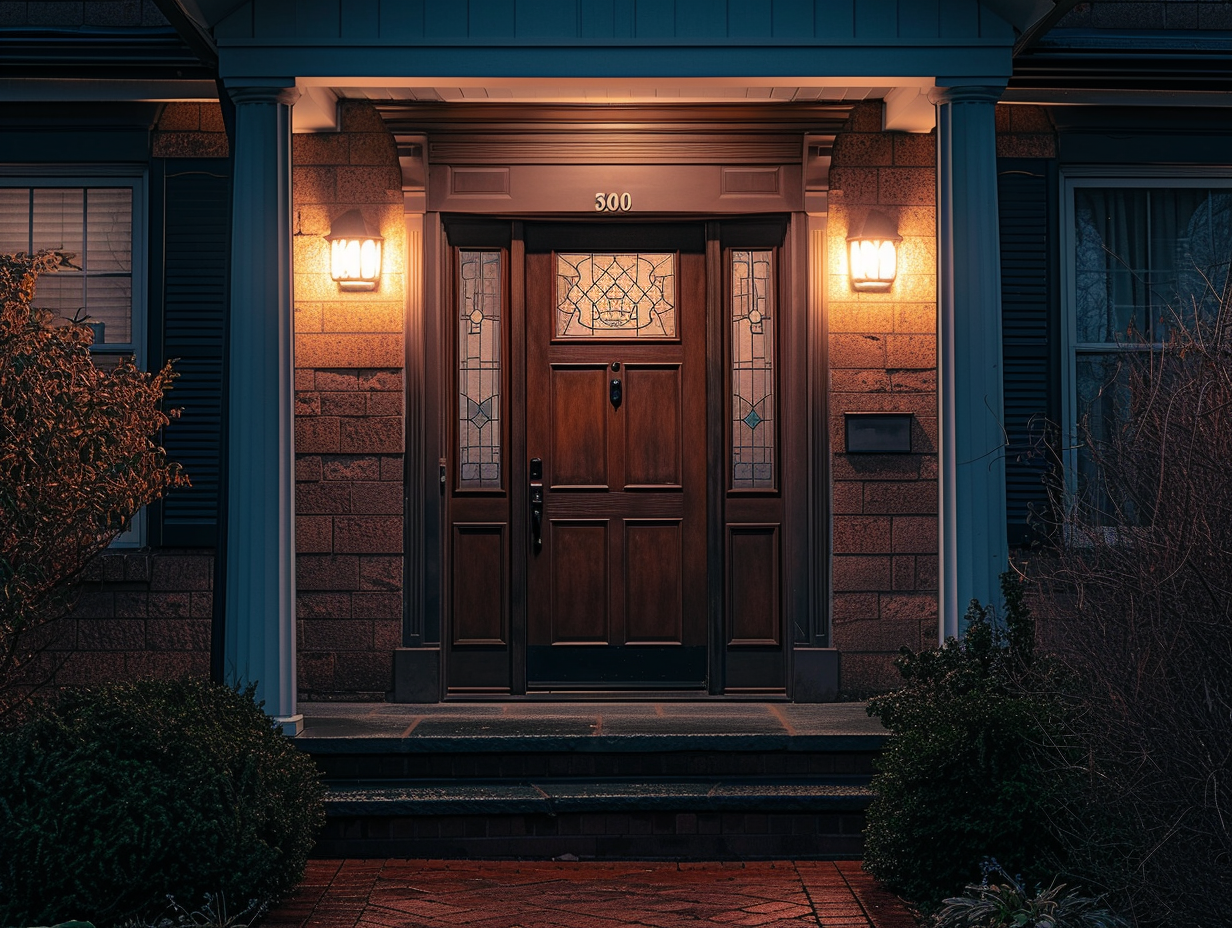 A front entry door illuminated with wall lamps