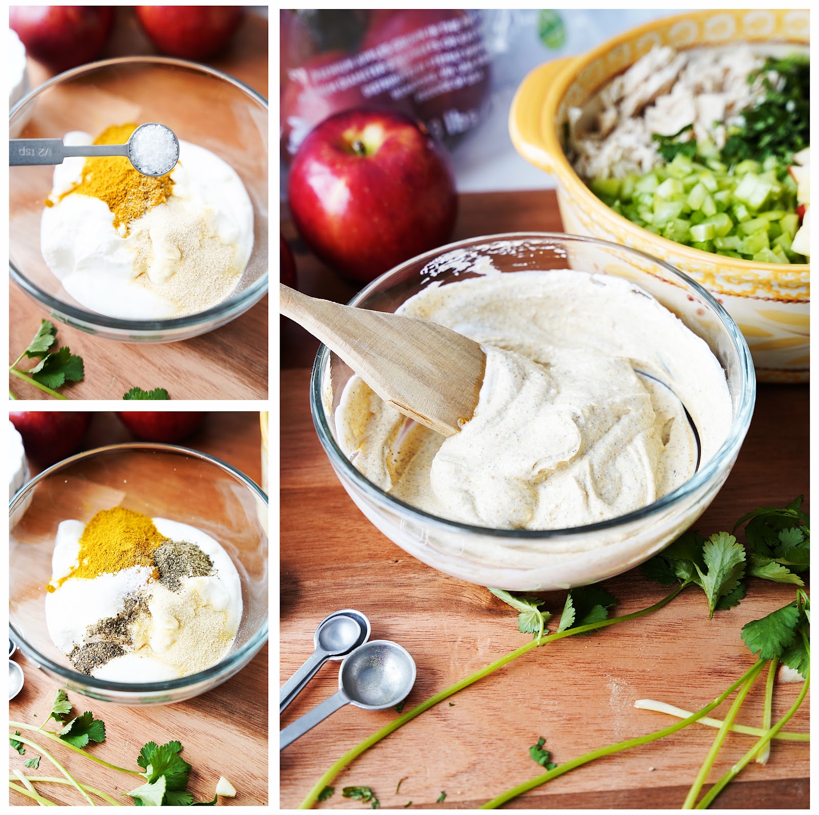 Mix spices and yogurt in a small mixing bowl.