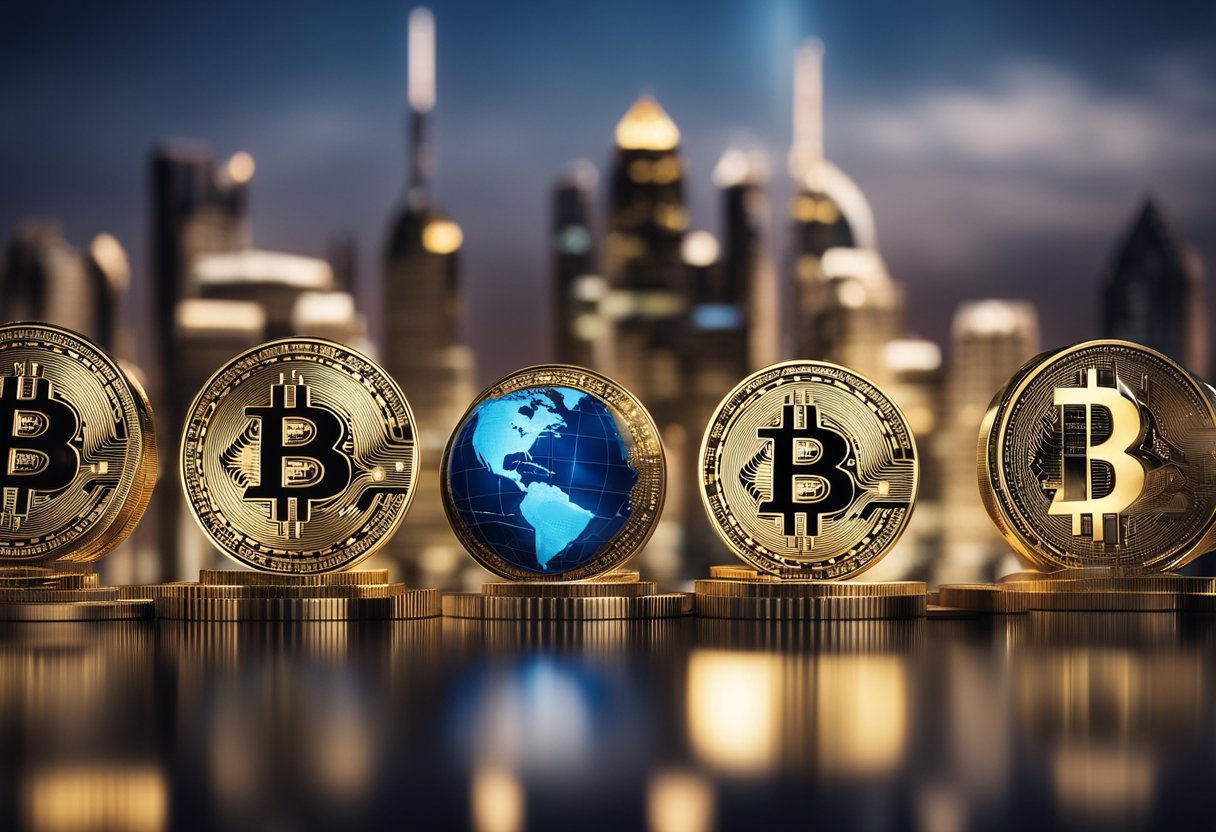 A group of 12 futuristic, sleek and modern-looking buildings representing the top global crypto banks, surrounded by a digital globe symbolizing worldwide investment in cryptocurrency