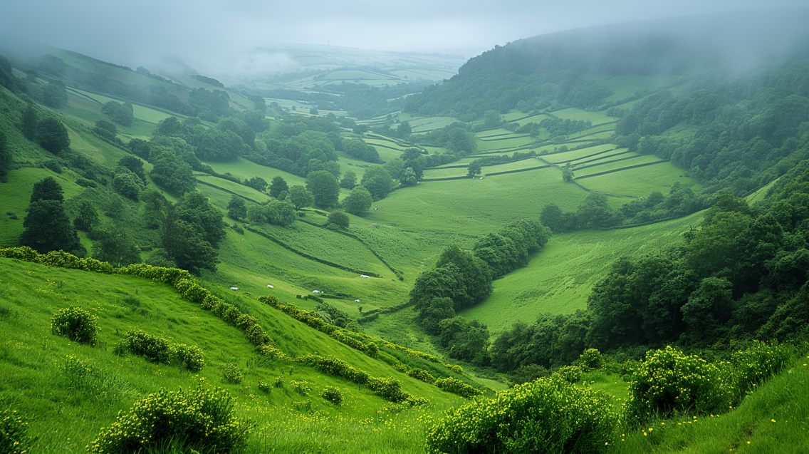 An idyllic Irish countryside with lush green hills and grazing sheep.