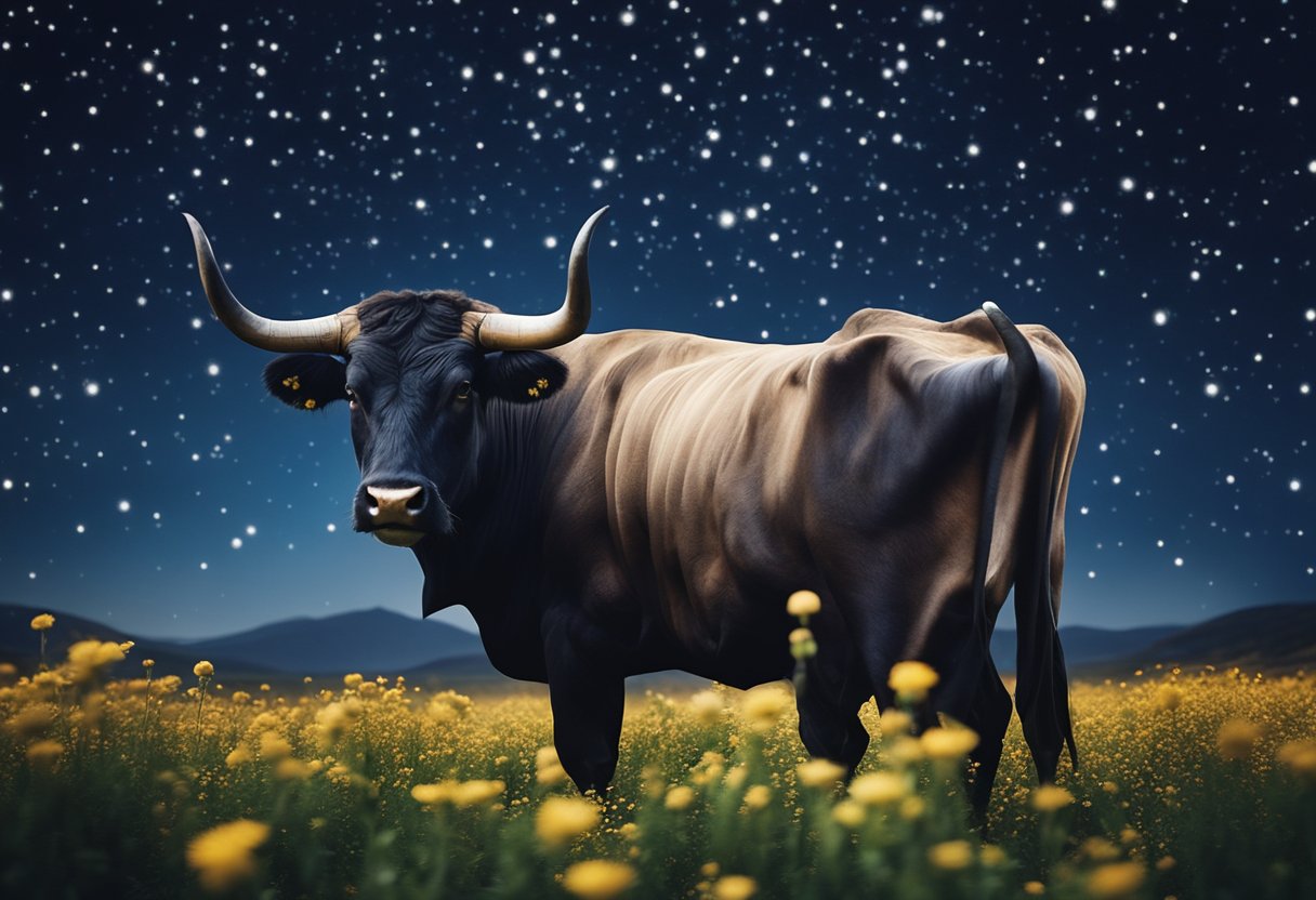 A serene bull stands amidst blooming flowers under a starry night sky, surrounded by a sense of warmth and love