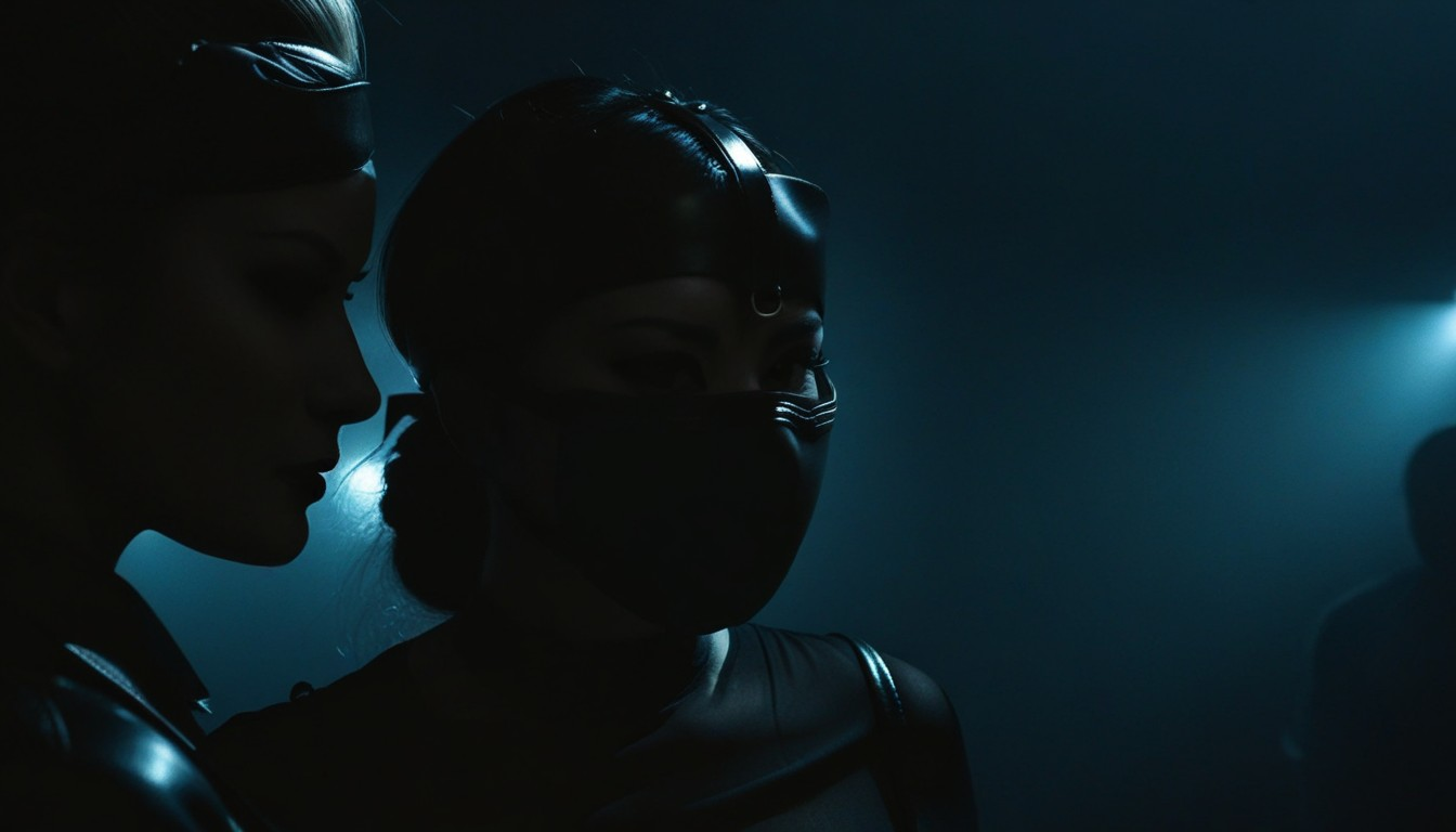 2 women wearing leather gear, one wearing a mask