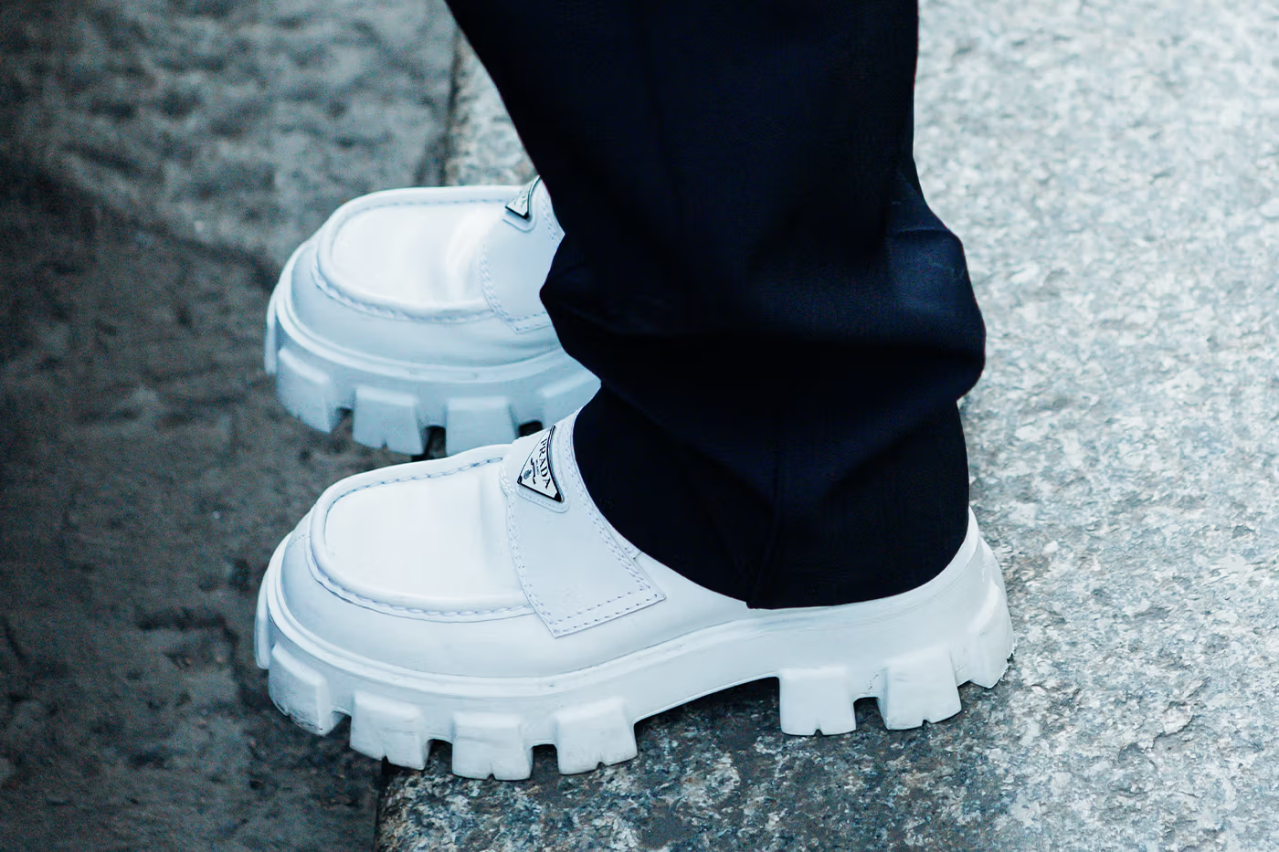 Close up view at the prada footwear at the fashion week 