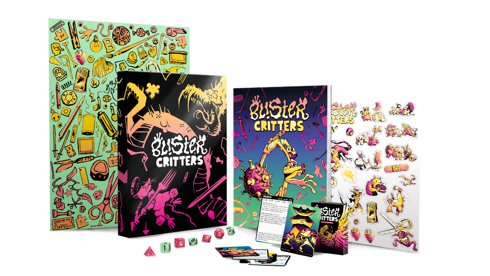 The contents of the Blister Critters box set: poster, dice, rule book, cards, sticker sheet
