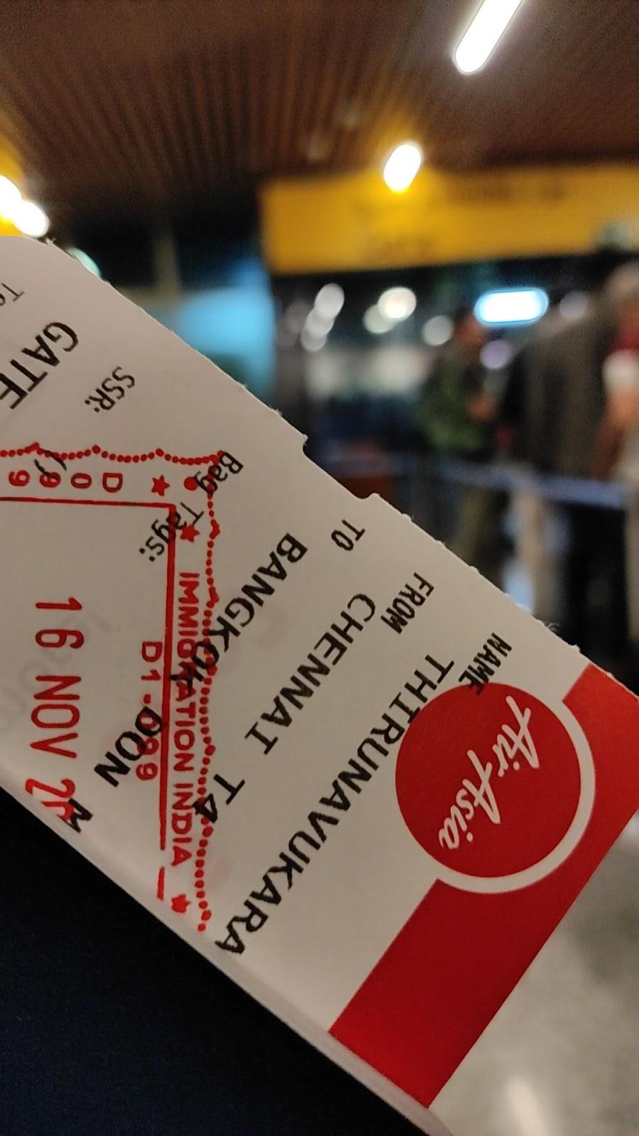 AirAsia Boarding pass from Chennai to Bangkok.