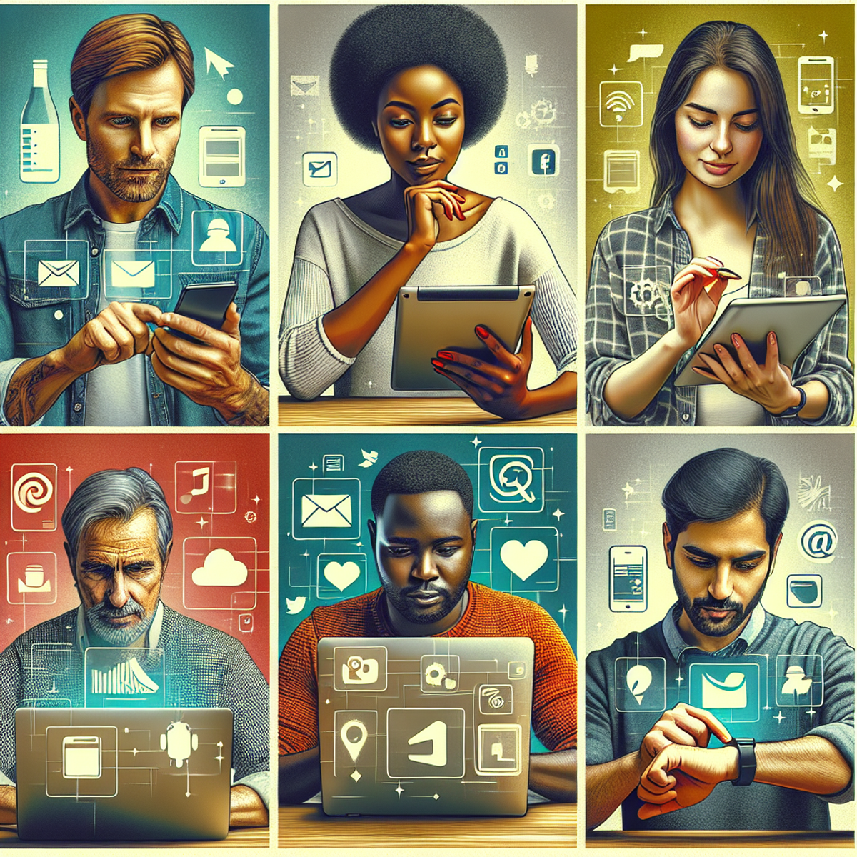 A diverse group of people using various digital devices, with each screen displaying recognizable symbols of popular social media platforms.