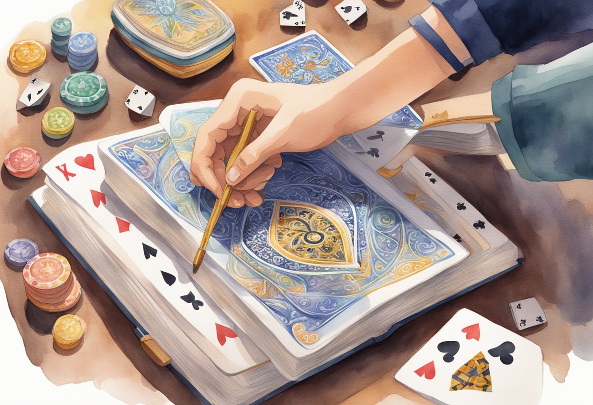 A table covered in playing cards, a book titled "Mastering Card Magic Beginner's Guide to Magic Tricks as a Hobby" open to a page with step-by-step instructions, and a hand holding a magic wand