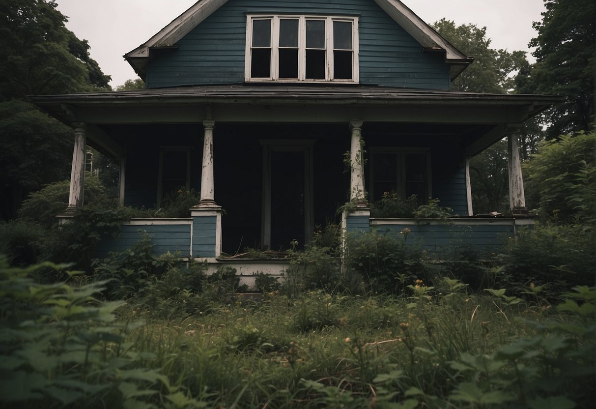 A dark, looming house with boarded-up windows and overgrown yard. A person's belongings scattered on the front lawn, abandoned and neglected