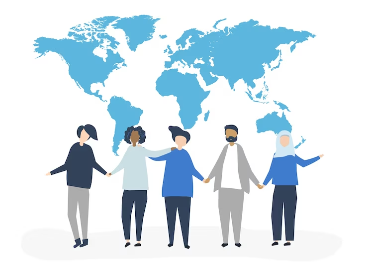 Diverse group with a world map – Illustration for International Relations and global connectivity.