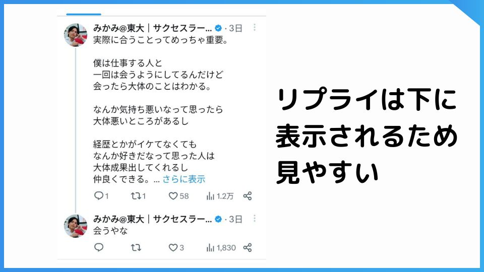 X（旧Twitter）のポストに修正したいときはリプライをつける。
リプライは元ポストの下に表示されるため、見やすい。