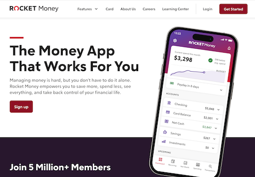 The Rocket Money home page with signup button and a cell phone displaying the app in action. 