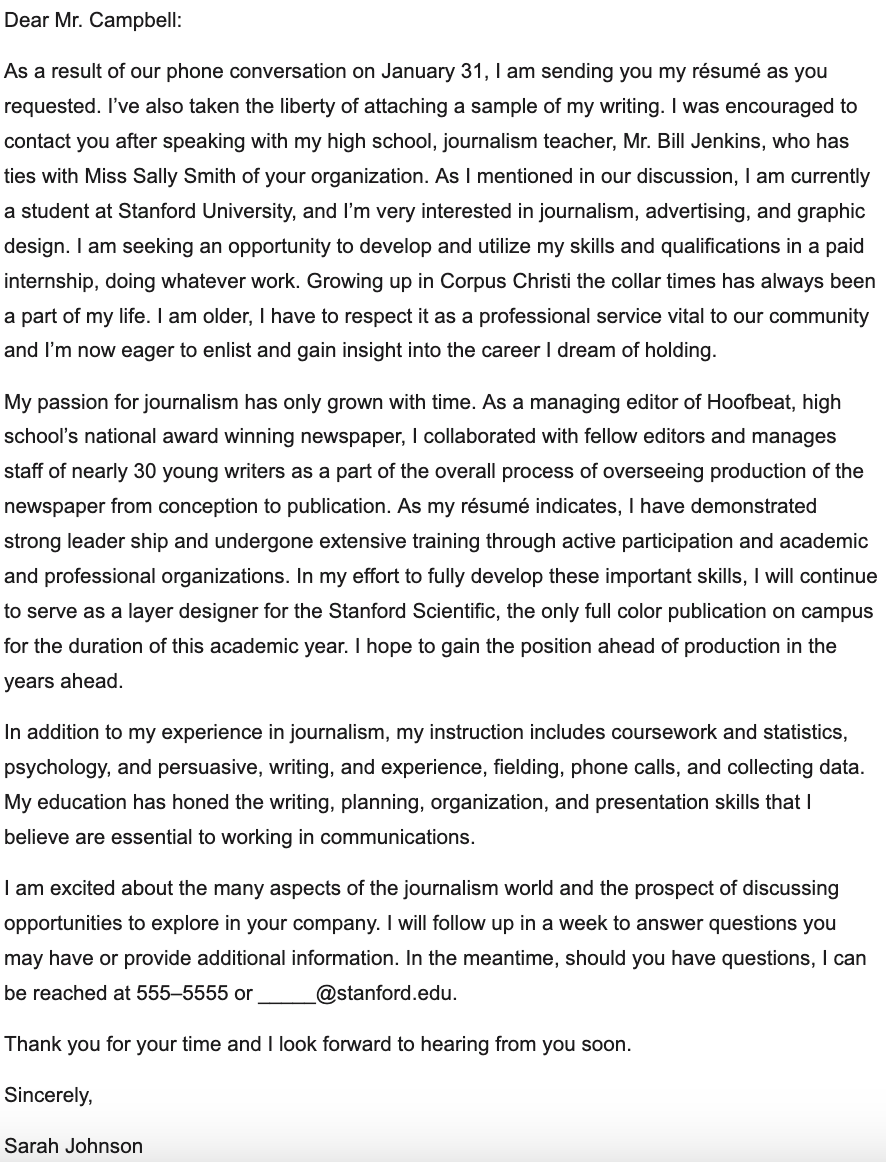 cover letter to prospective employer