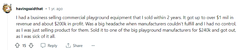Screenshot of Reddit user explaining how they sold commercial playground equipment and then eventually sold the business.