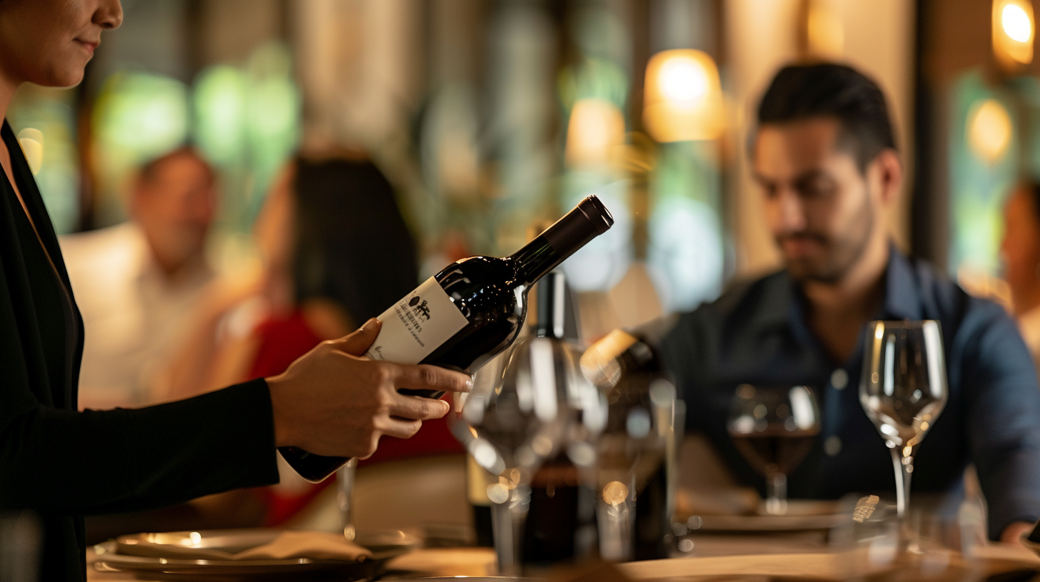 A sommelier presenting a bottle of fine wine to diners in a chic dining room