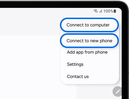 Connect to computer and Connect to new phone highlighted in Samsung Flow