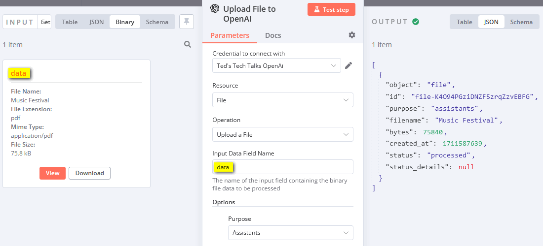 Upload a knowledge document for an Assistant via the OpenAI node