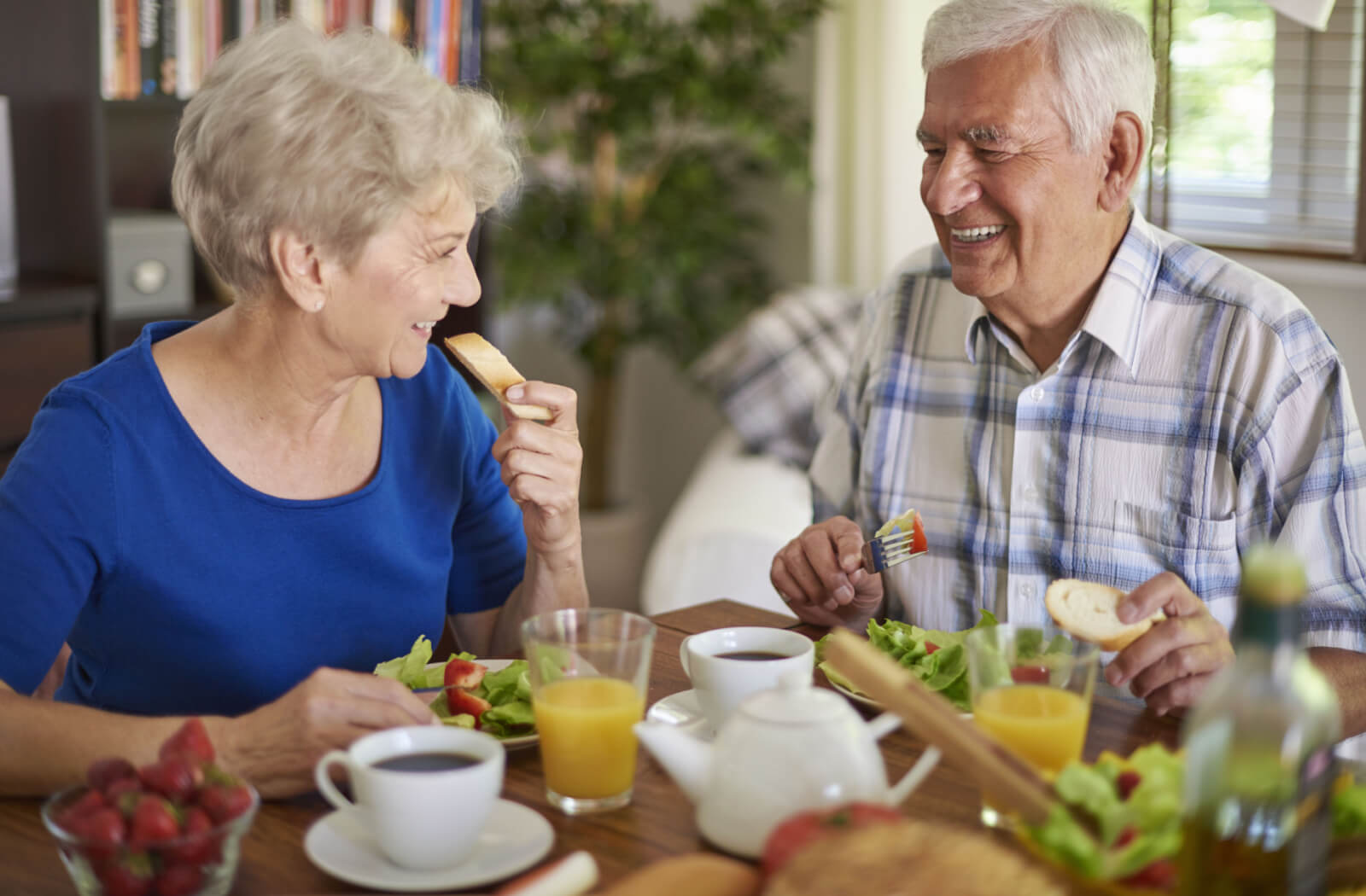 An older adult couple enjoying a healthy meal together.