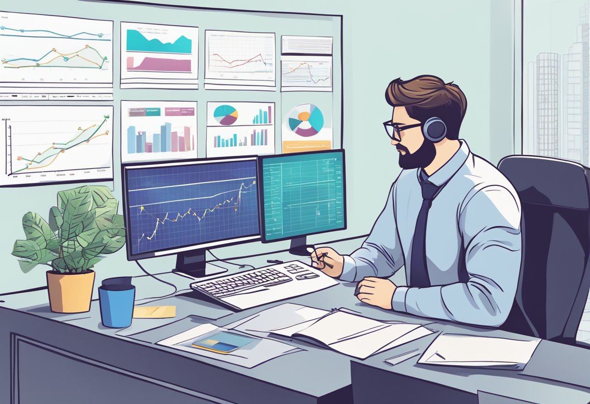 An office desk with a computer, charts, and graphs. A person analyzing data and researching cryptocurrency trends. A job posting board in the background