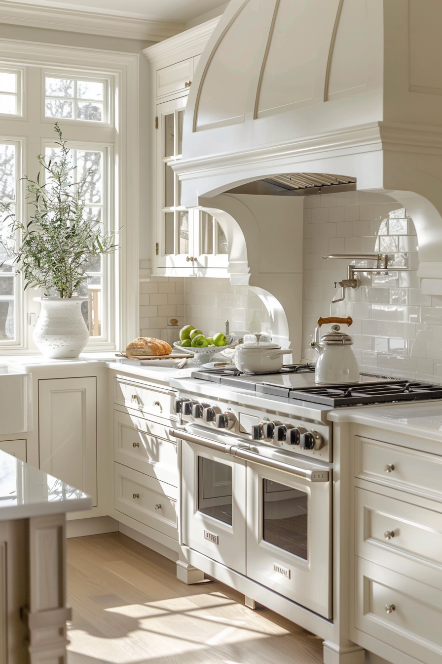 White french country kitchen with ornate hood design