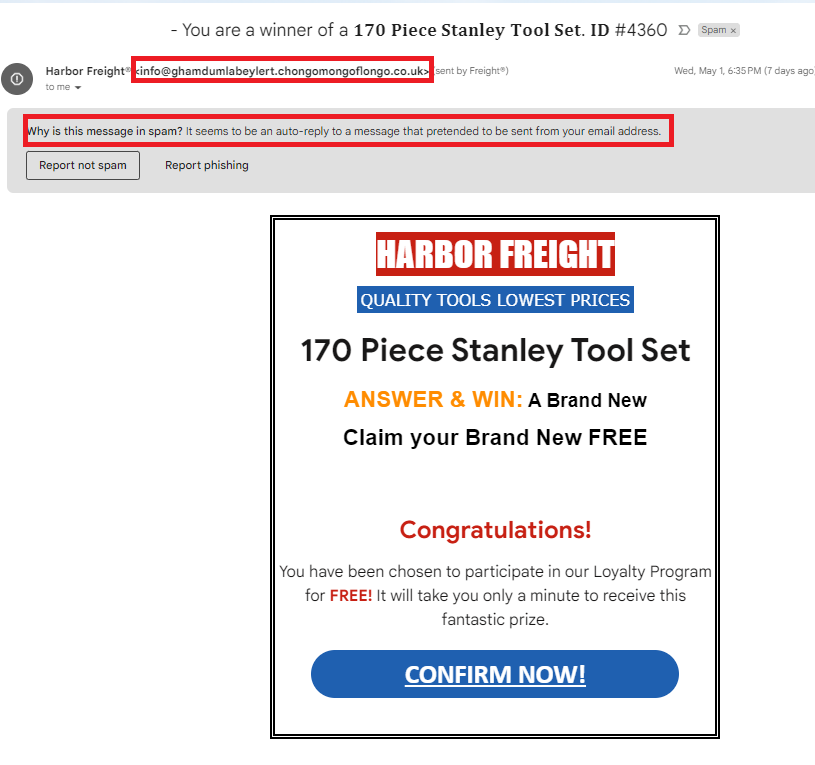 Scam email with sketchy sender email highlighted