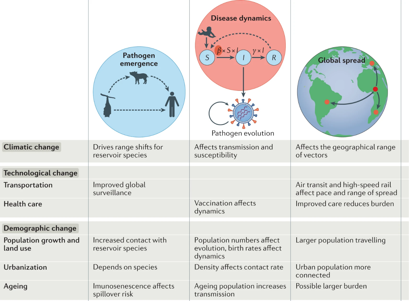 A graphic showing the effects of climatic, technological and demographic change on disease emergence, dynamics and spread.