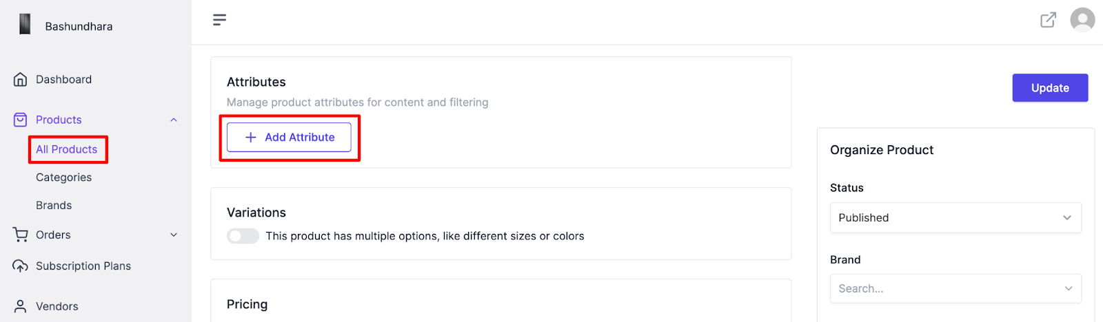 A screenshot to add attributes to your product