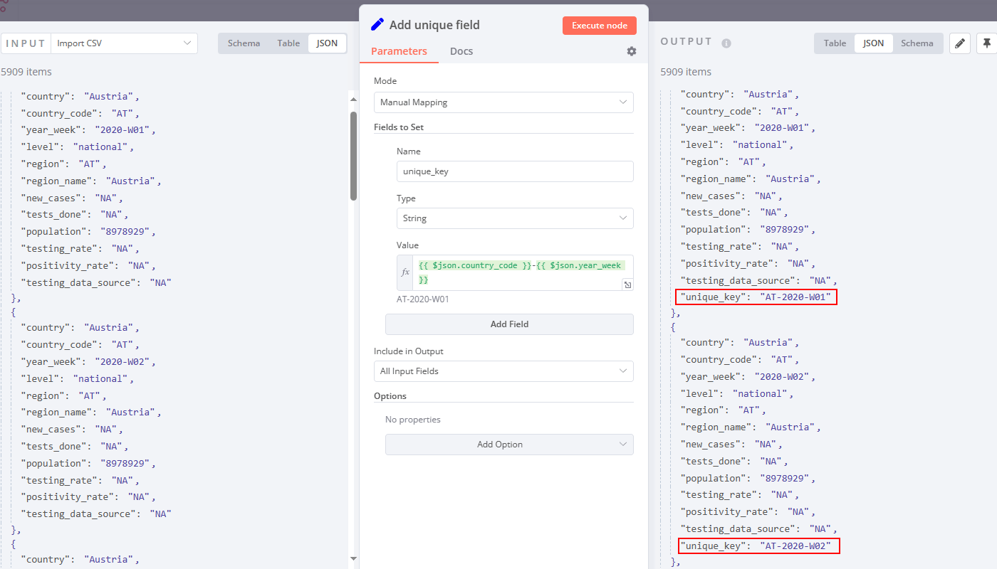 The table on the left is missing a unique value, so we have to concatenate the country code with the year-week value