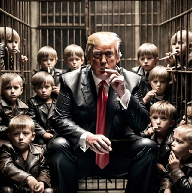 Trump puffing on the dick of society in cage wearing black leather with lil boys dressed in leather smoking around him