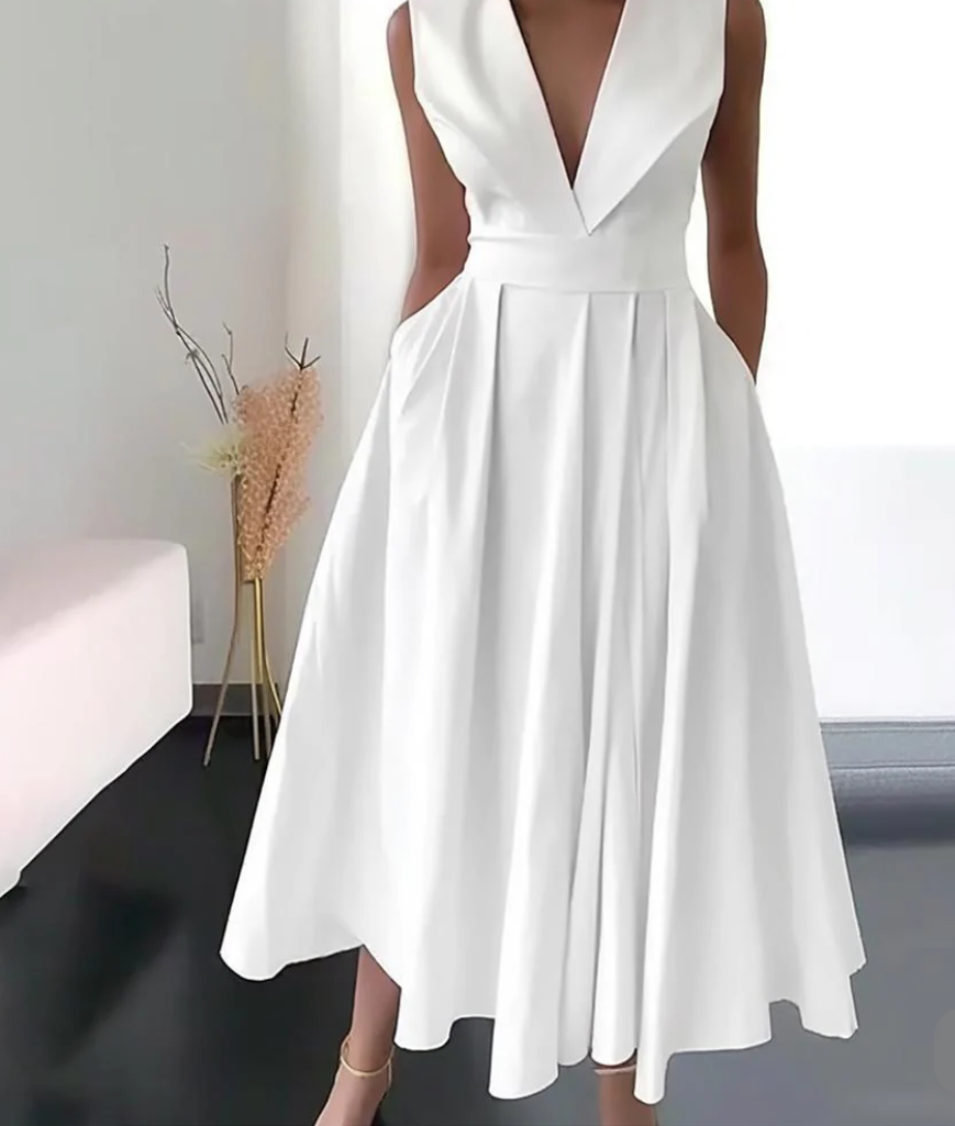 White Fold-Over Collar Deep V-Neck Pleated Maxi Dress