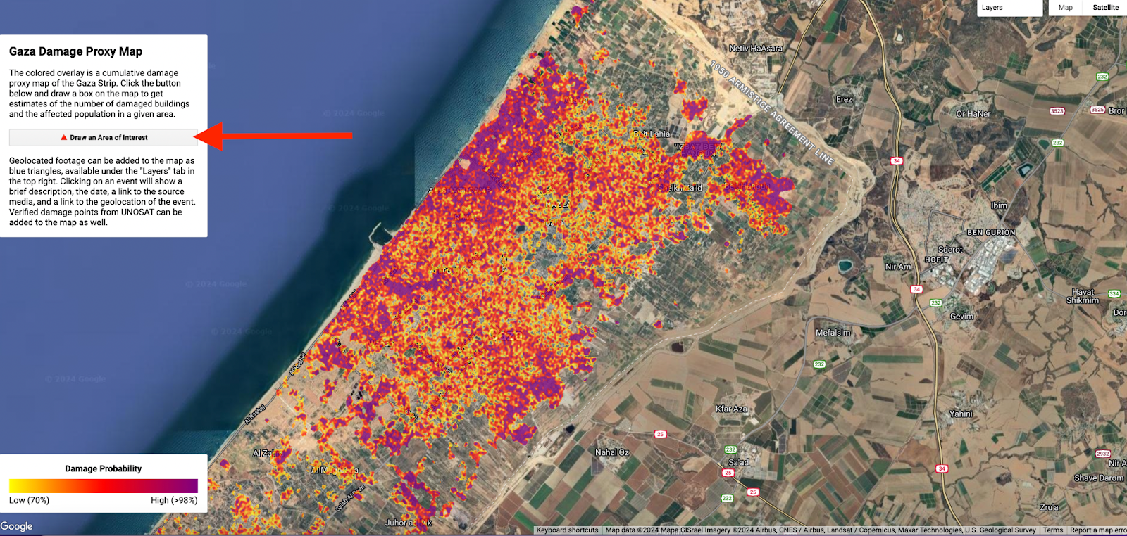 خريطة الأضرار في غزة تتيح تحديد حي أو مكان محدد لفحصه بشكل مخصص 