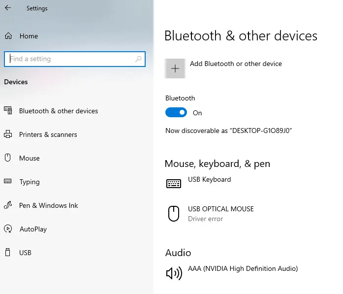 Bluetooth option in Windows settings