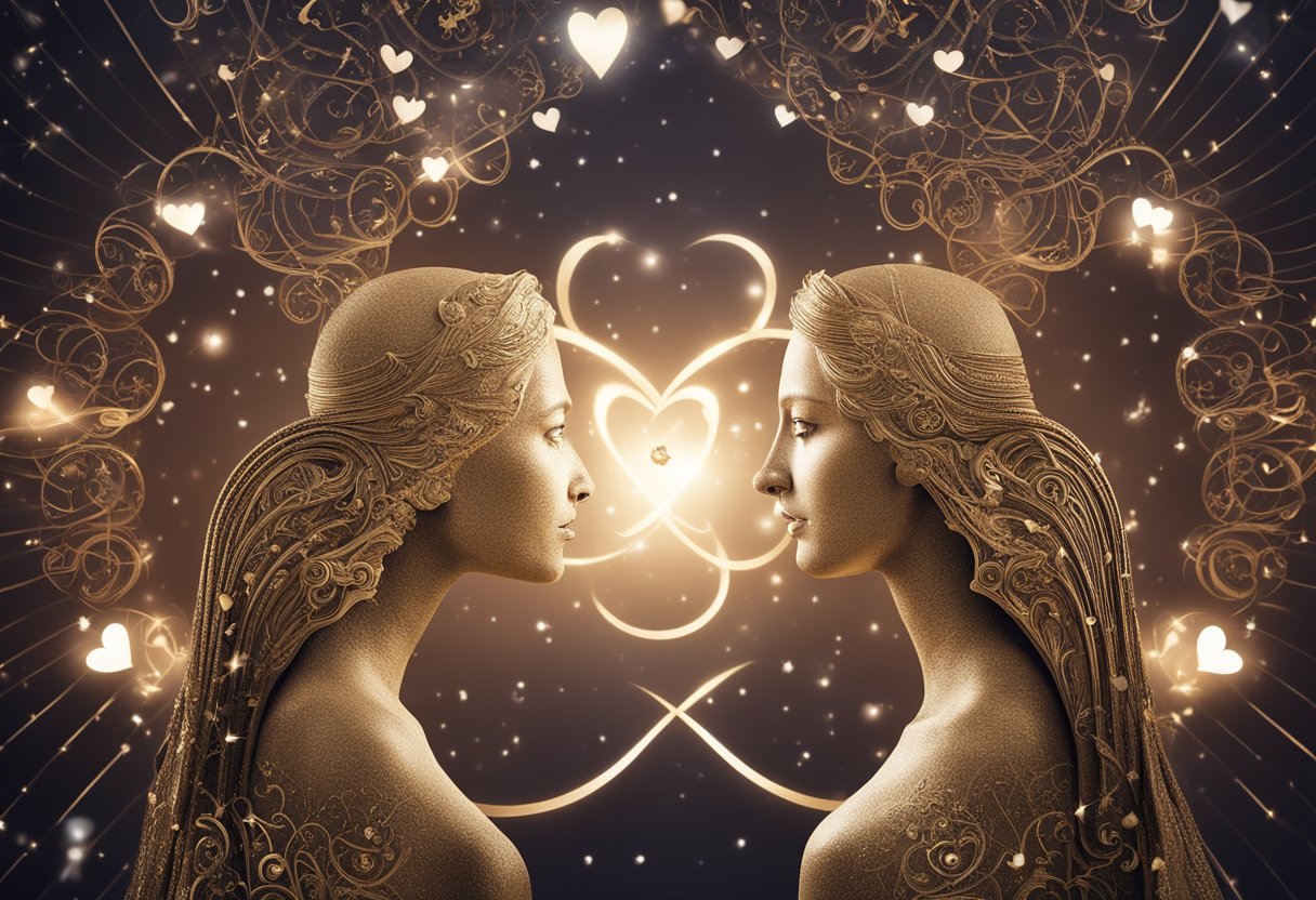 A pair of twins surrounded by swirling hearts and celestial symbols, their bond depicted through dynamic and flowing lines