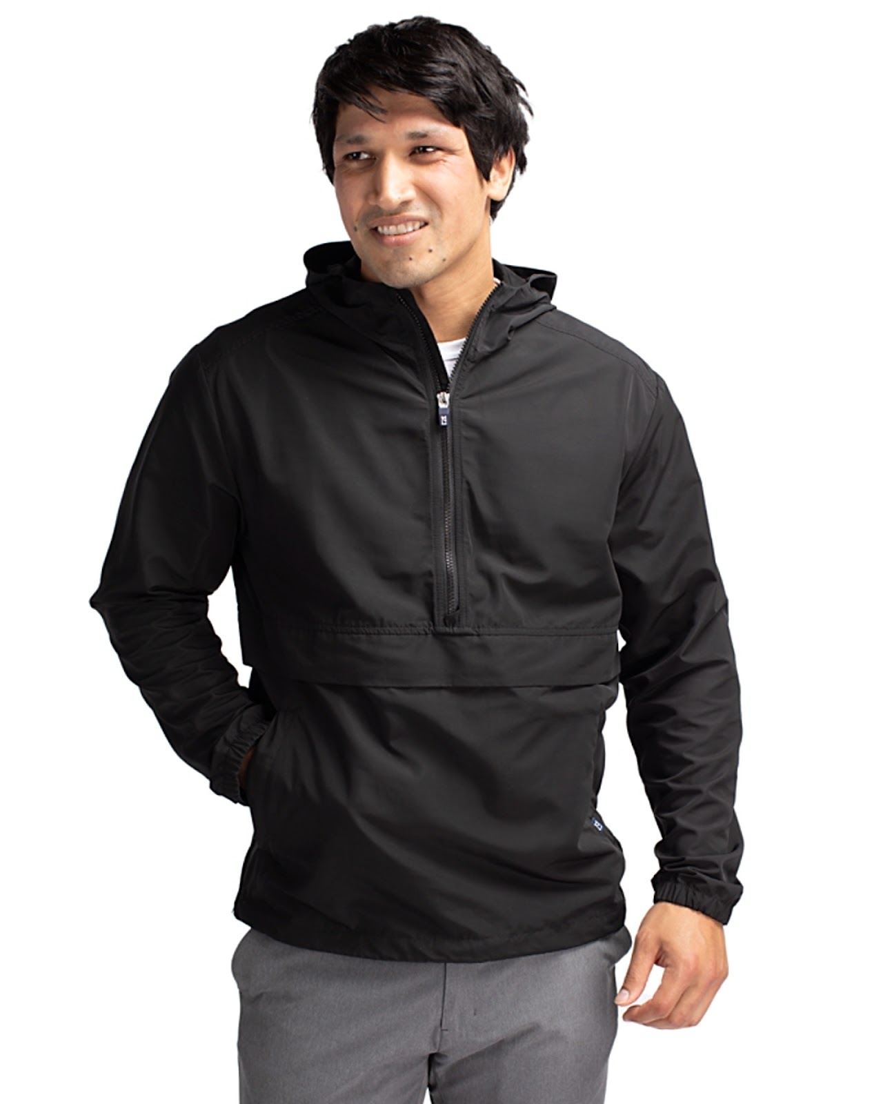 Man wearing Cutter & Buck Charter Eco Recycled Mens Anorak Jacket in Black