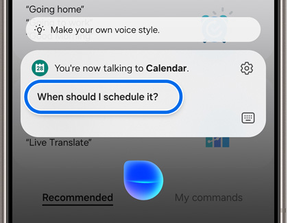 When should I schedule it highlighted in the Bixby voice pop up