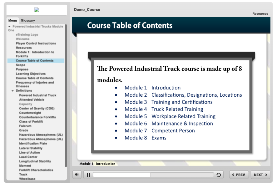 screenshot showing the complete course outline for the safety training