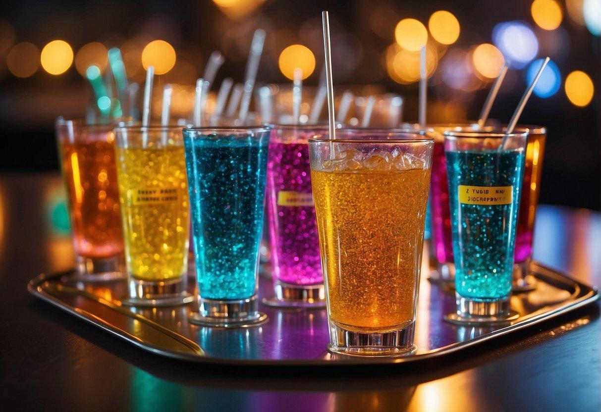 A colorful array of glittery drinks arranged on a table with caution signs and safety measures displayed nearby